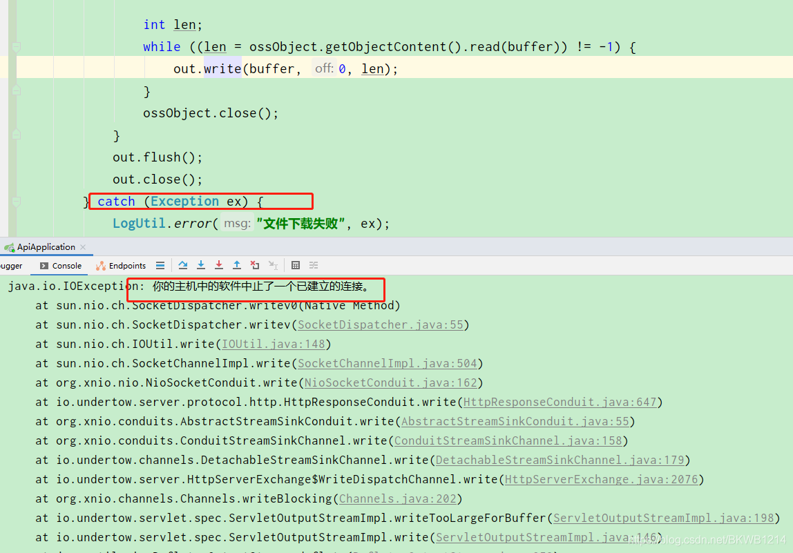 后端表现为IOException:你的主机中的软件终止了一个已建立的链接