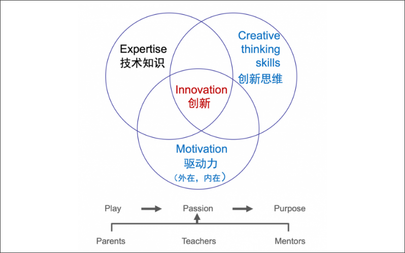 ▲ 图3：创新的三要素：专业知识，创新思维，内在驱动力。实现创新的路径从Play, Passion, Purpose