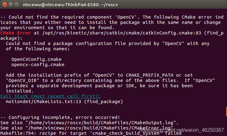 简单来说就是编译时找不到需要的OpenCVconfig文件。