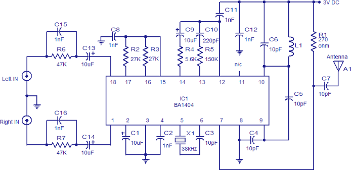 ▲ 基于IC BA1404的调频立体声发射电路