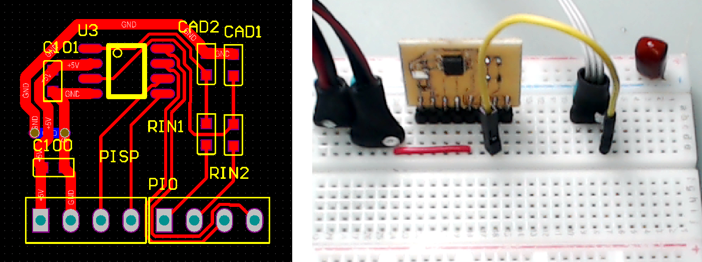 ▲ 控制器的PCB版图以及焊接后的实验电路板