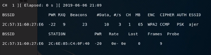 airodump-ng -c 1 --bssid 2C:57:31:60:27:e6 -w ~/1/ wlan0mon运行结果