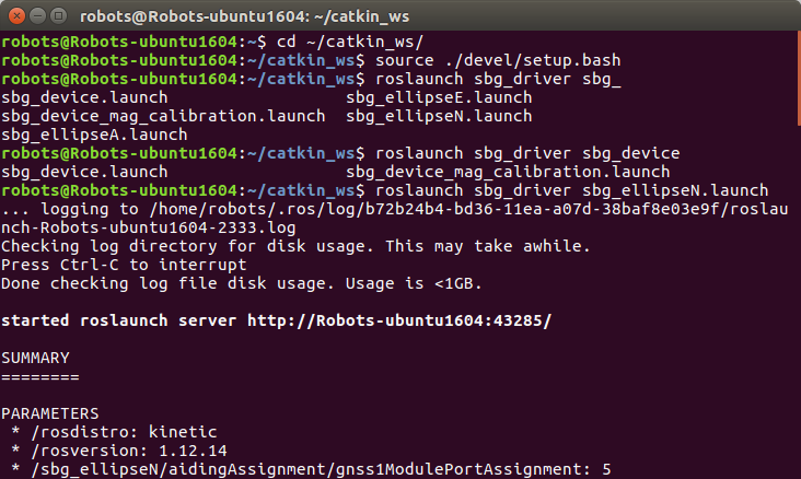 SBG Ellipse系列传感器Ubuntu下进行ROS节点配置