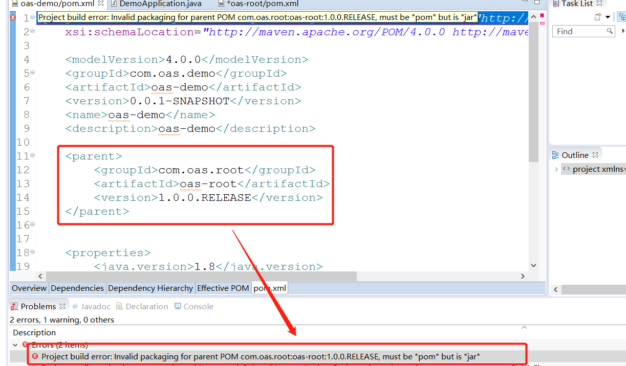 ‘packaging‘ with value ‘jar‘ is invalid. Aggregator projects require