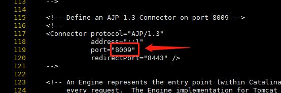 修改(3)：第119行AJP:port（默认为8009）