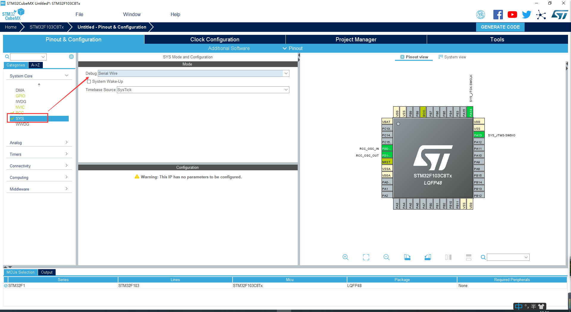 指定延時函數定時器,打開調試口等:選擇芯片:stm32f103c8t6配置系統