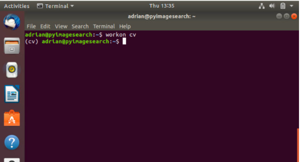 图2：如果(cv)在bash提示的开头看到，则表明您的虚拟环境处于活动状态，并且正在“内部”工作。现在，您可以使用正确的Python绑定安全地安装OpenCV。