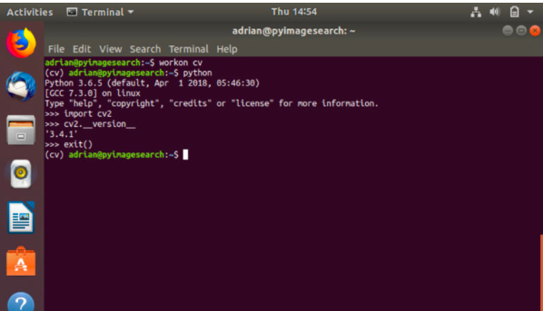 为验证OpenCV在我们的Python 3虚拟环境中是否已正确安装和配置，我想在终端中运行Python解释器。从那里，您可以导入OpenCV（cv2）并确认版本号与您要安装的版本匹配。