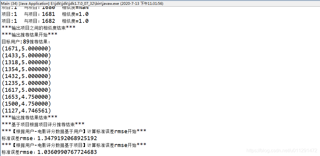 基于项目的协同过滤推荐算法结果与测评指标RMSE