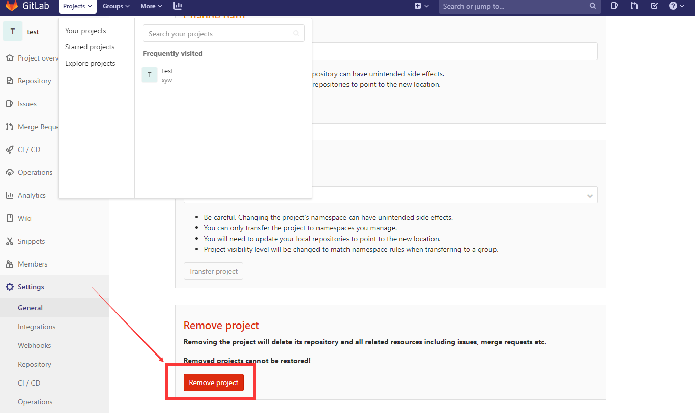 gitlab 删除仓库