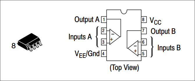 ▲ LM358 封装以及内部功能图