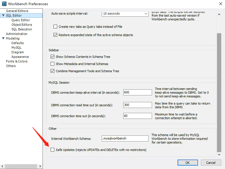 去掉这个选项这个选项是为了安全考虑，只允许在删除和修改的时候，where条件必须是和主键相关的
