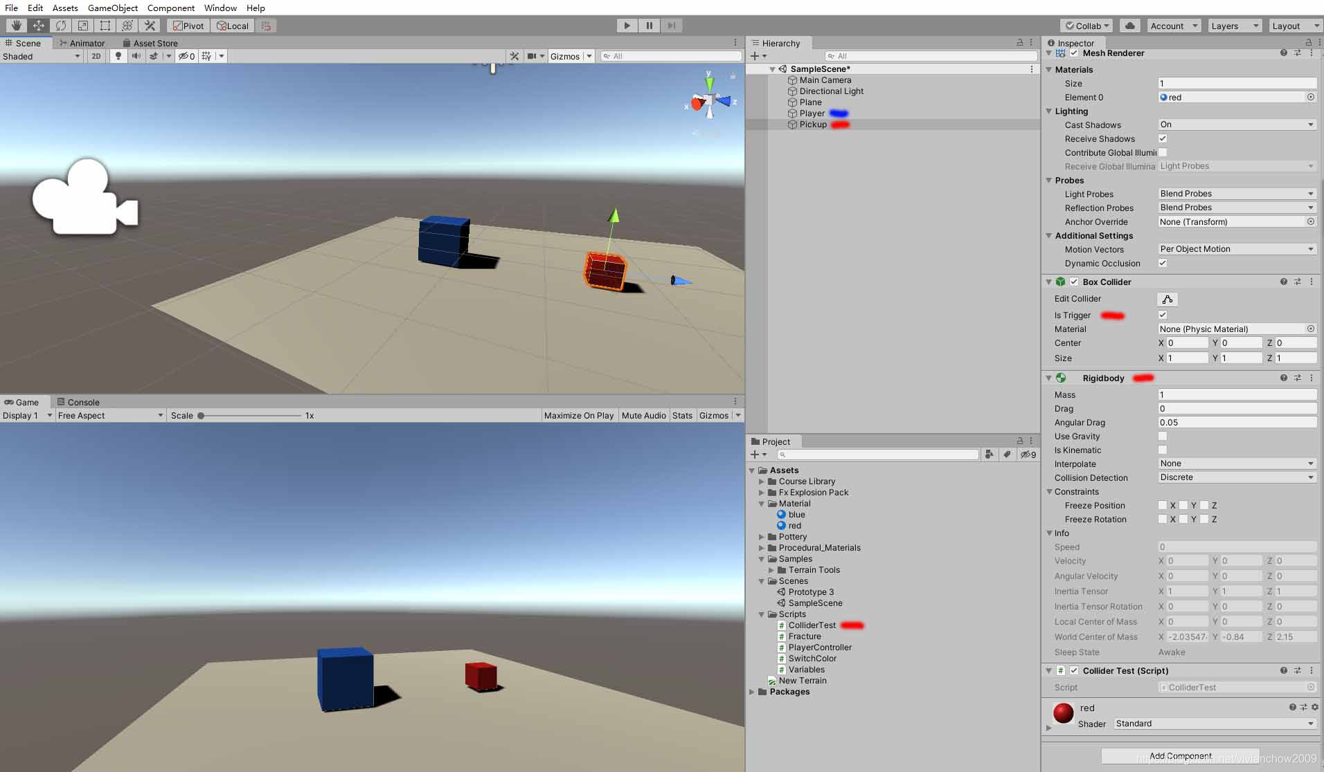 蓝色cube作为Player, 红色cube作为Powerup，ColliderTest.cs作为component作用于红色cube物体Powerup;其中Powerup的Collider.isTrigger选项选中，同时添加Rigidbody component