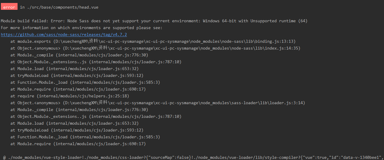Module build failed Error Node Sass does not yet support your current