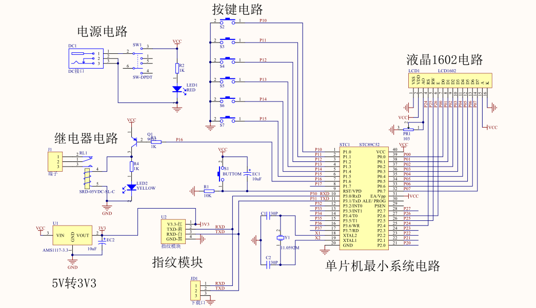 基于51单片机的指纹识别锁管理门禁密码锁系统方案原理图程序设计