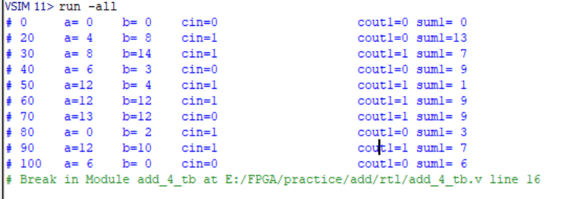 4位全加器的运行结果