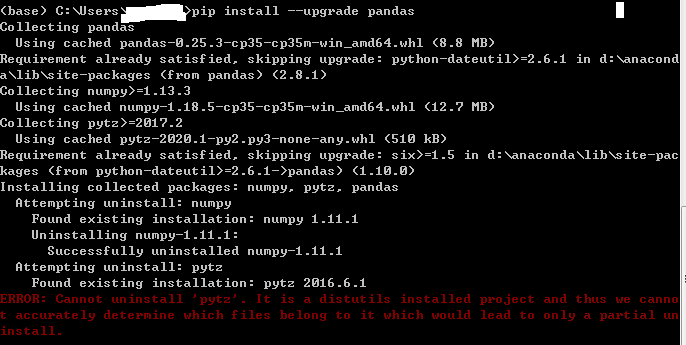 ERROR:Cannot uninstall 'pytz'. It is a distutils installed project and thus we cannot accurately determine which files belong to it which would lead to only a partial unistall