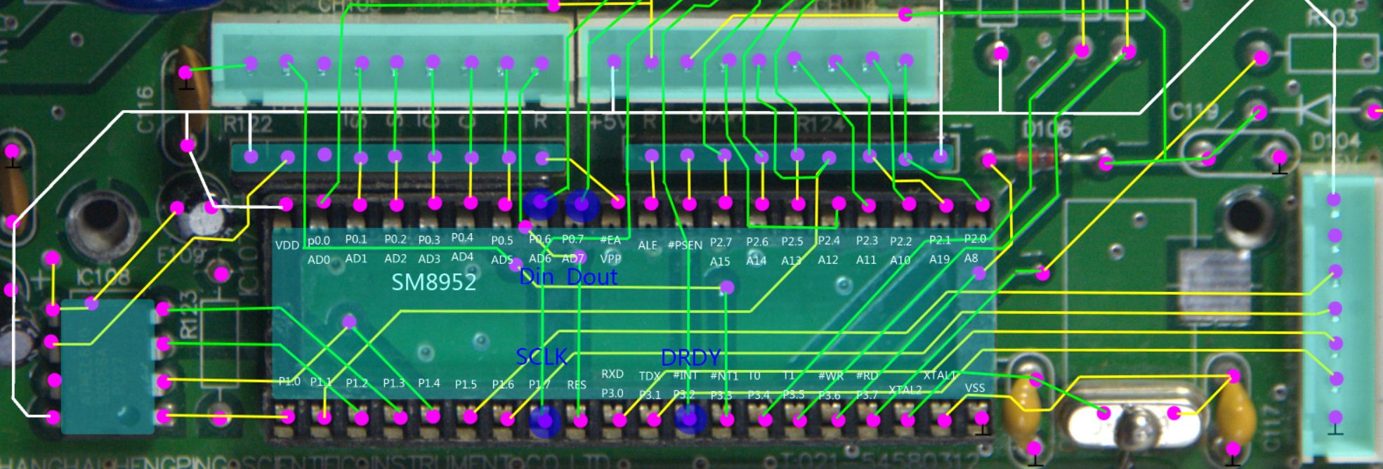 其中绿色和白色线是信号输出线,参照运放opa2277手