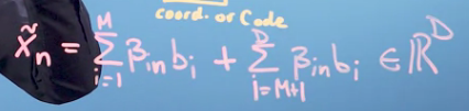 a sum i equals one to M of beta i_n times b_i plus the sum of i equals M plus one to D of beta i_n times b_i.