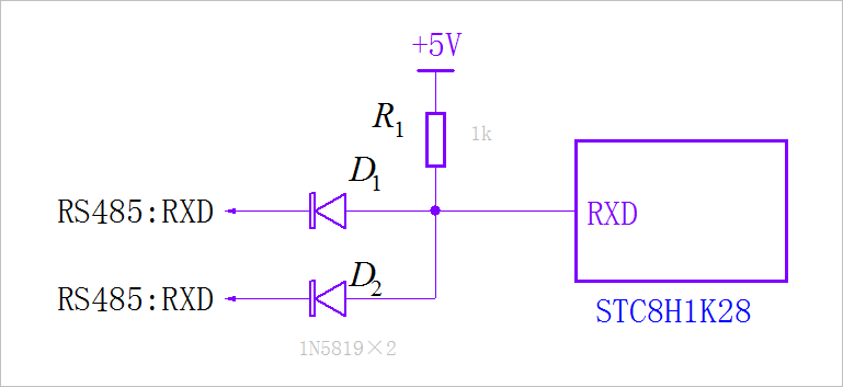 ▲ 使用二极管与门合成两路RS485输入到单片机