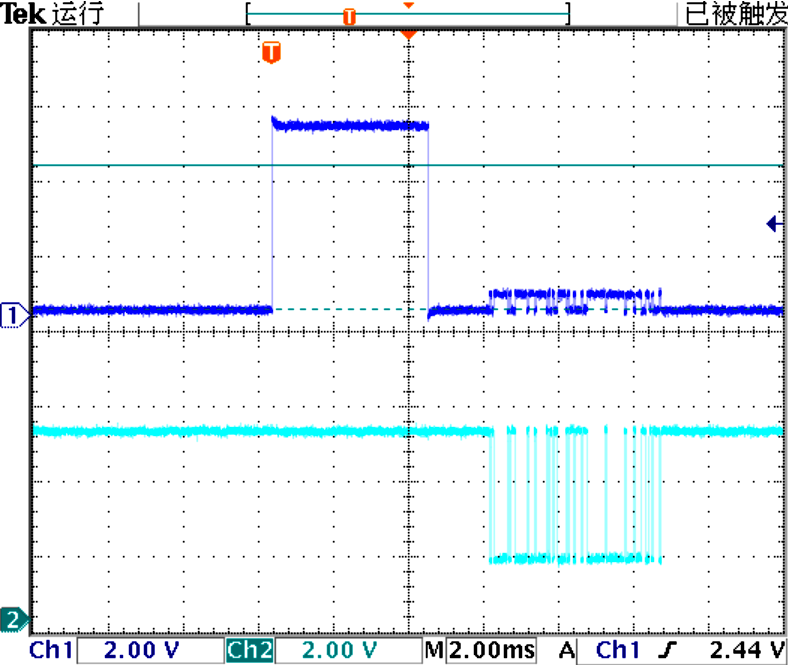 ▲ 第一通道RS485的DIR（蓝色）与接收到RI（青色）信号