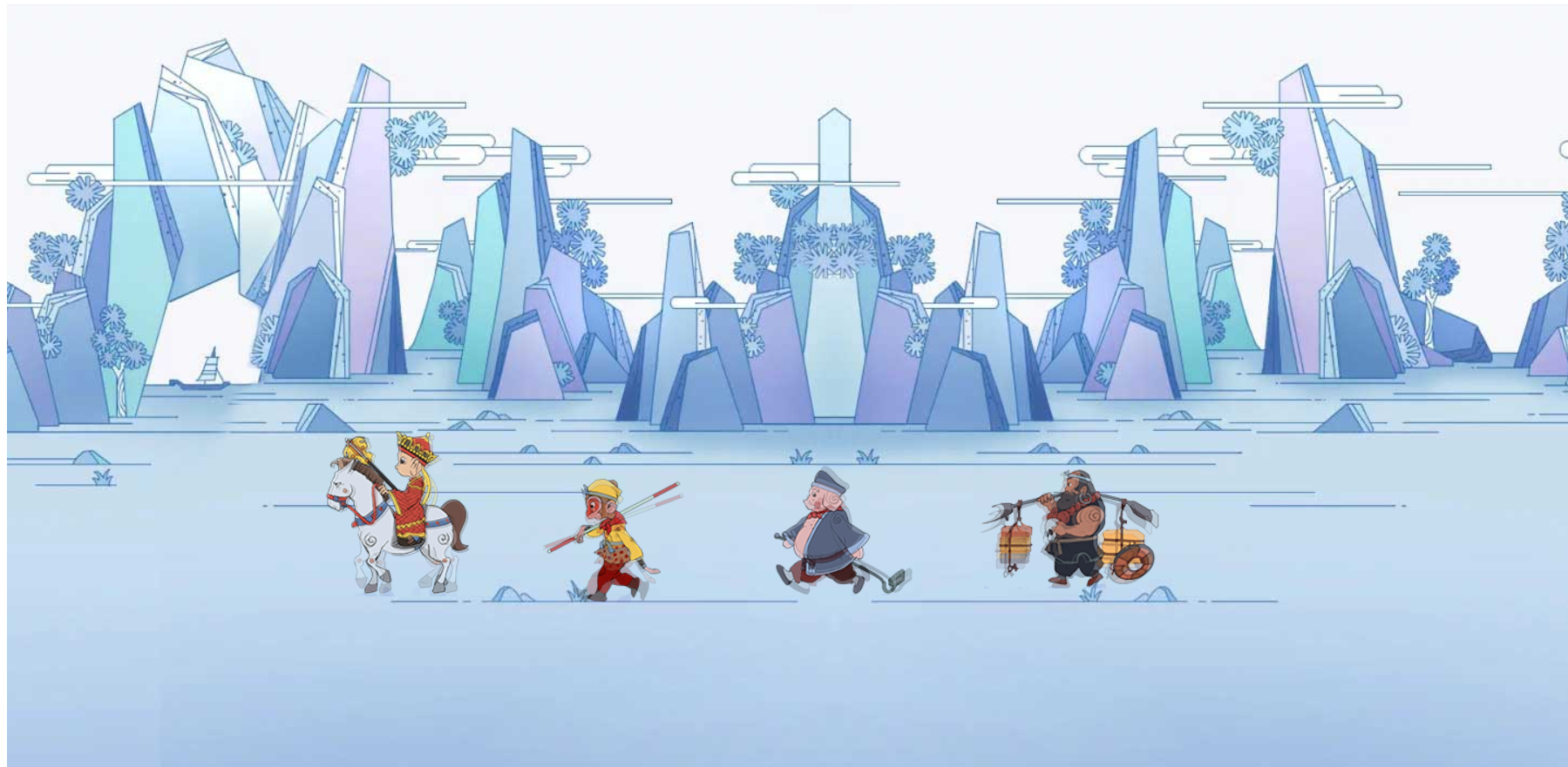 看看效果我们的目标是让师徒四人做出走路的动作,并让背景从左往右