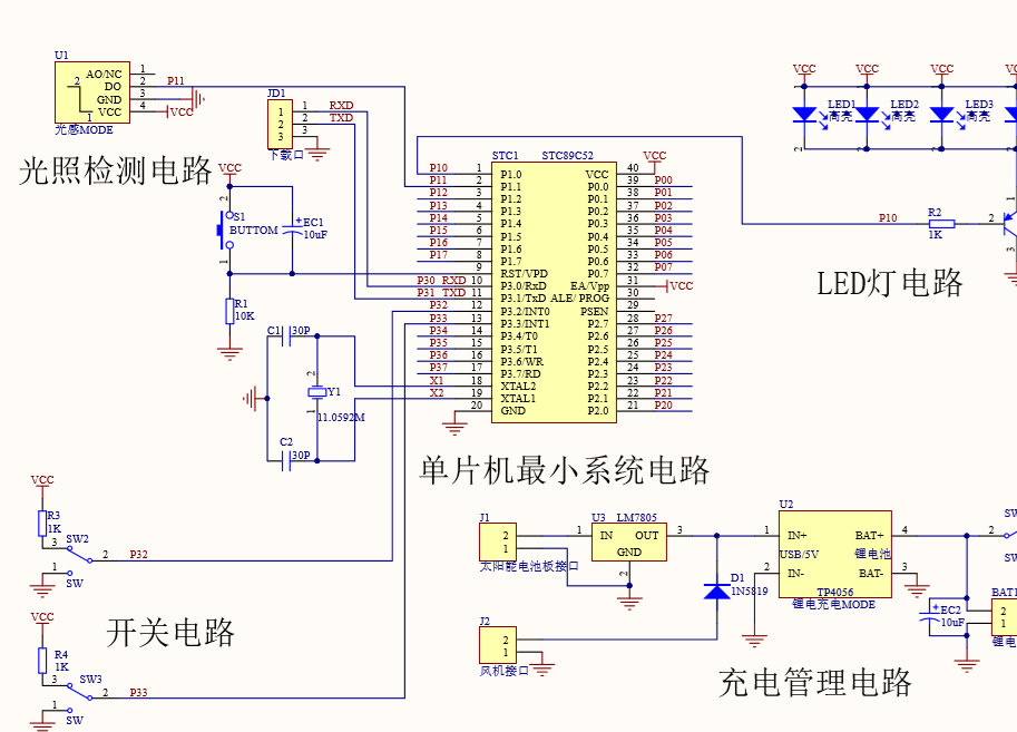 路灯控制器设计 本设计由stc89c52单片机电路 太阳能电池板电路 风机