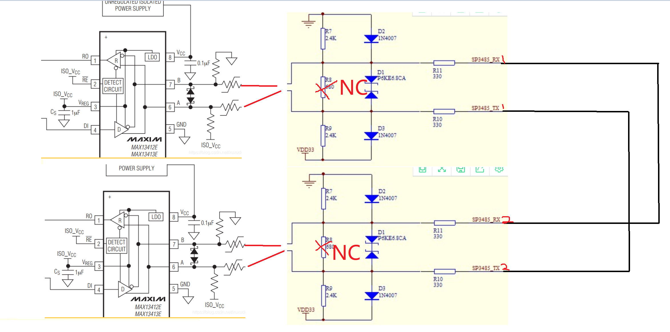 2)电路基本组成,主设备1路sp3485负责通讯,从设备2个max13421自动收发