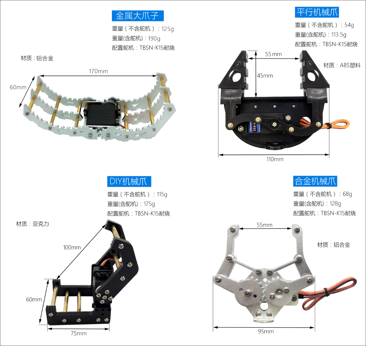 ▲ 由舵机控制的各种机械爪
