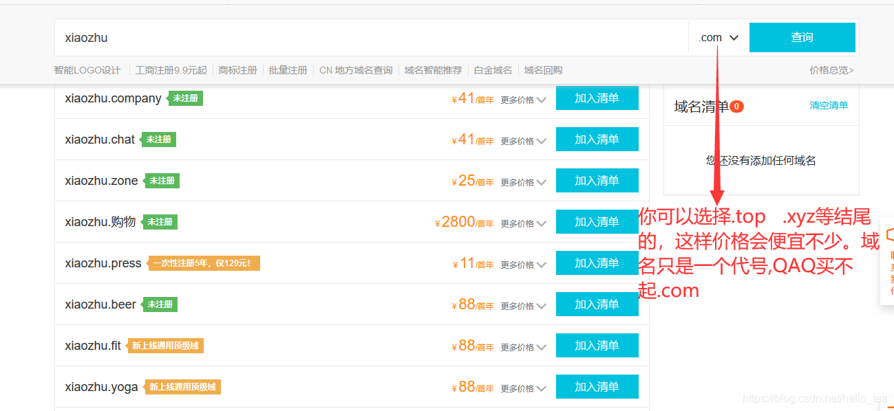 图十 选择自己想要的域名购买