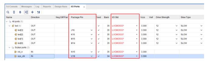 这里管教的约束必须与你的开发板原理图相对应