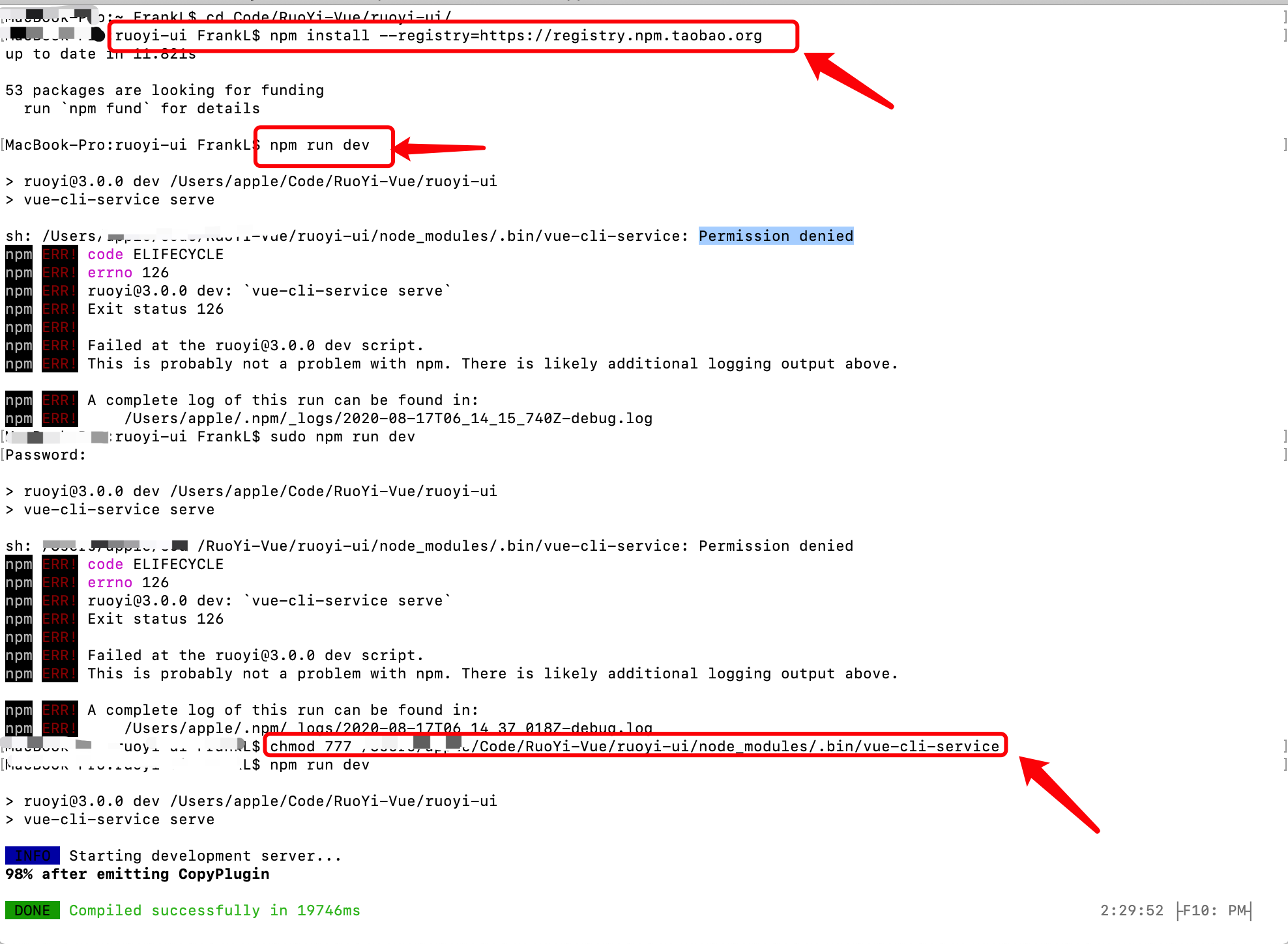 Vue启动中node Js命令终端包错提示permission Denied 感性的理科弗兰克刘的博客 Csdn博客 Bash D Nodejs Npm Permission Denied