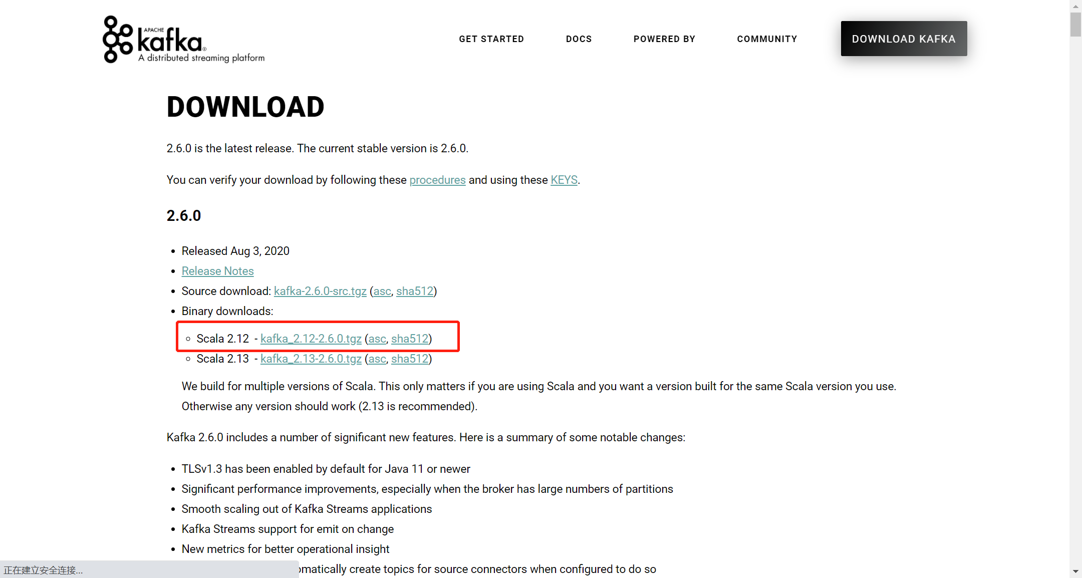 其中"kafka_2.12-2.6.0"表示 Kafka 版本 2.6.0，Scala 版本 2.12。