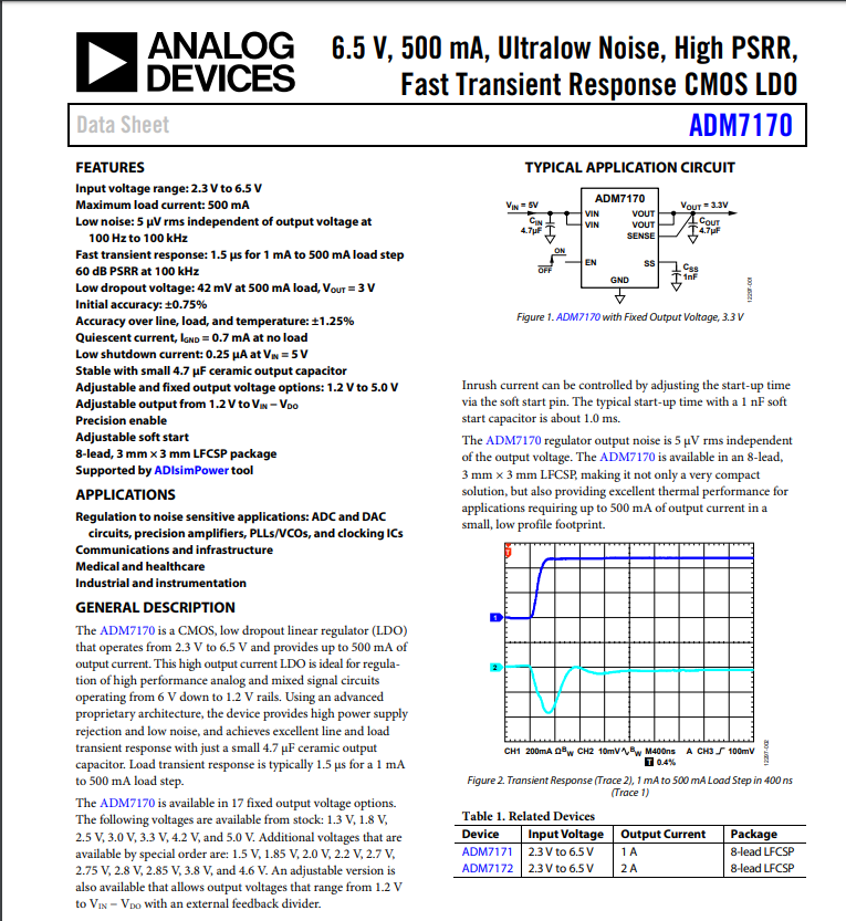 ADM7170ACPZ-1.8-R7  亚德诺-ADI 6.5 V、500 mA、超低噪声、高PSRR、快速瞬变响应CMOS LDO