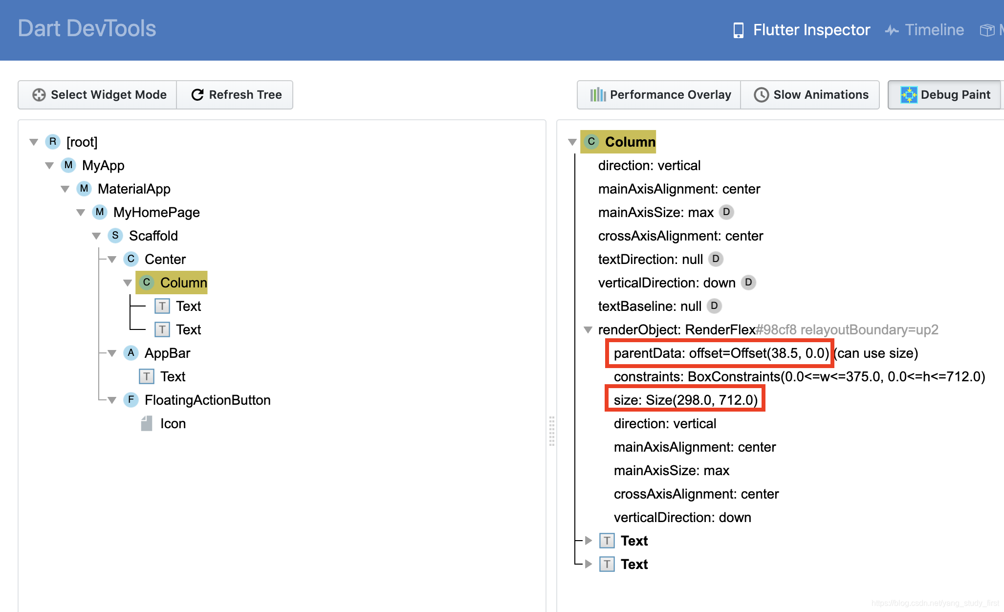 Flutter inspector之Column