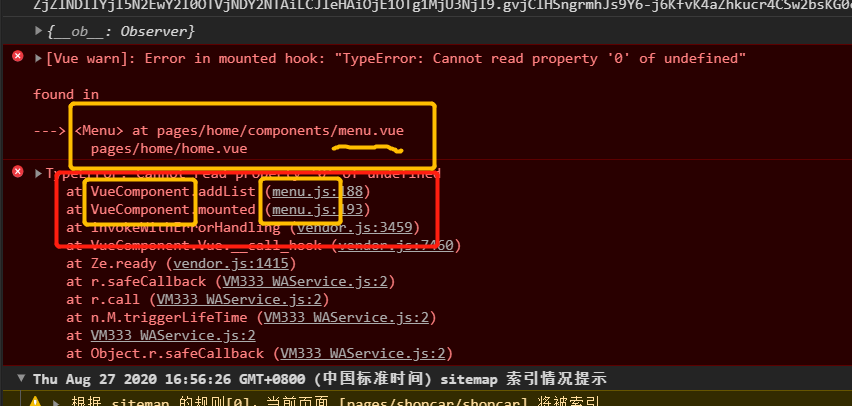 VM328:1 [Vue warn]: Error in mounted hook: “TypeError: Cannot read property ‘0‘ of undefined“  found