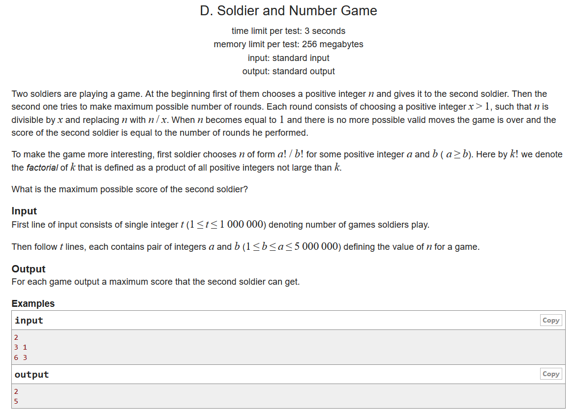 Codeforces 546d Soldier And Number Game 质因数分解计数 Dawn Exile的博客 Csdn博客