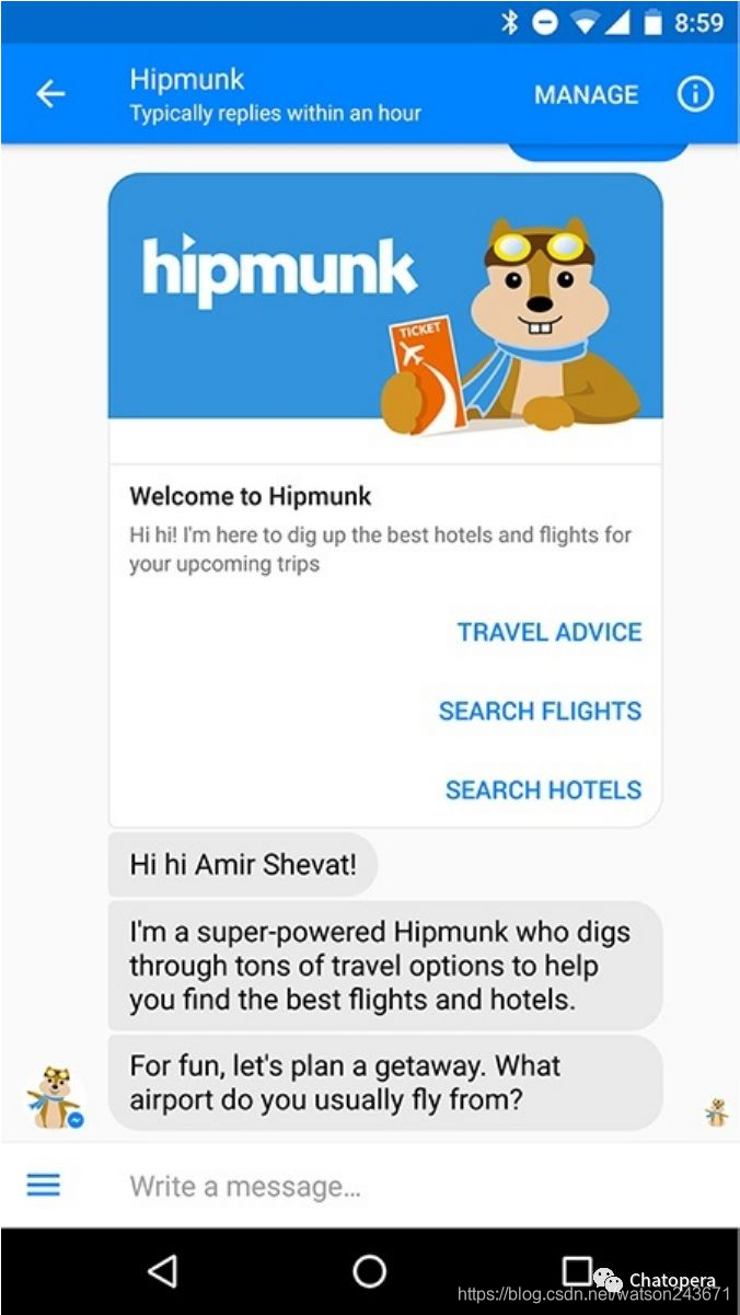 图1-3 通过Facebook Messenger渠道向用户提供旅行预订服务的Hipmunk机器人