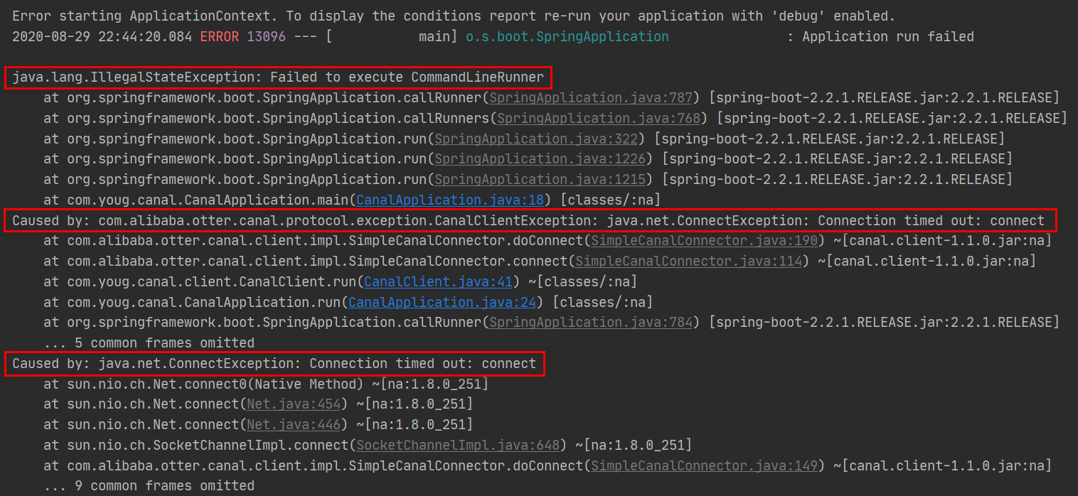 idea中springboot实现canal同步报错：java.lang.IllegalStateException: Failed to execute CommandLineRunner