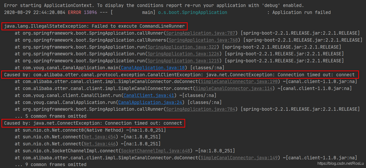 idea中springboot实现canal同步报错：java.lang.IllegalStateException: Failed to execute CommandLineRunner