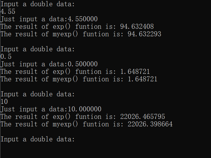 学习笔记：用c语言编写泰勒展开公式myexp()实现math.h.数学函数库中的exp()函数。并与exp()函数做比较。精度相同。