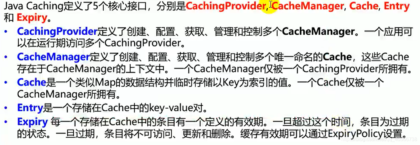 Java Caching定义了5个接口:CachingProvider、CacheManager、Cache、Entry、Expiry