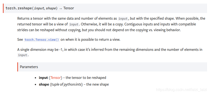Official pytorch documentation of reshape()