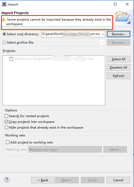 Some projects cannot be imported because they already exist in the