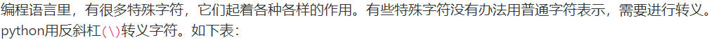 编程语言里，有很多特殊字符，它们起着各种各样的作用。有些特殊字符没有办法用普通字符表示，需要进行转义。python用反斜杠()转义字符。如下表：