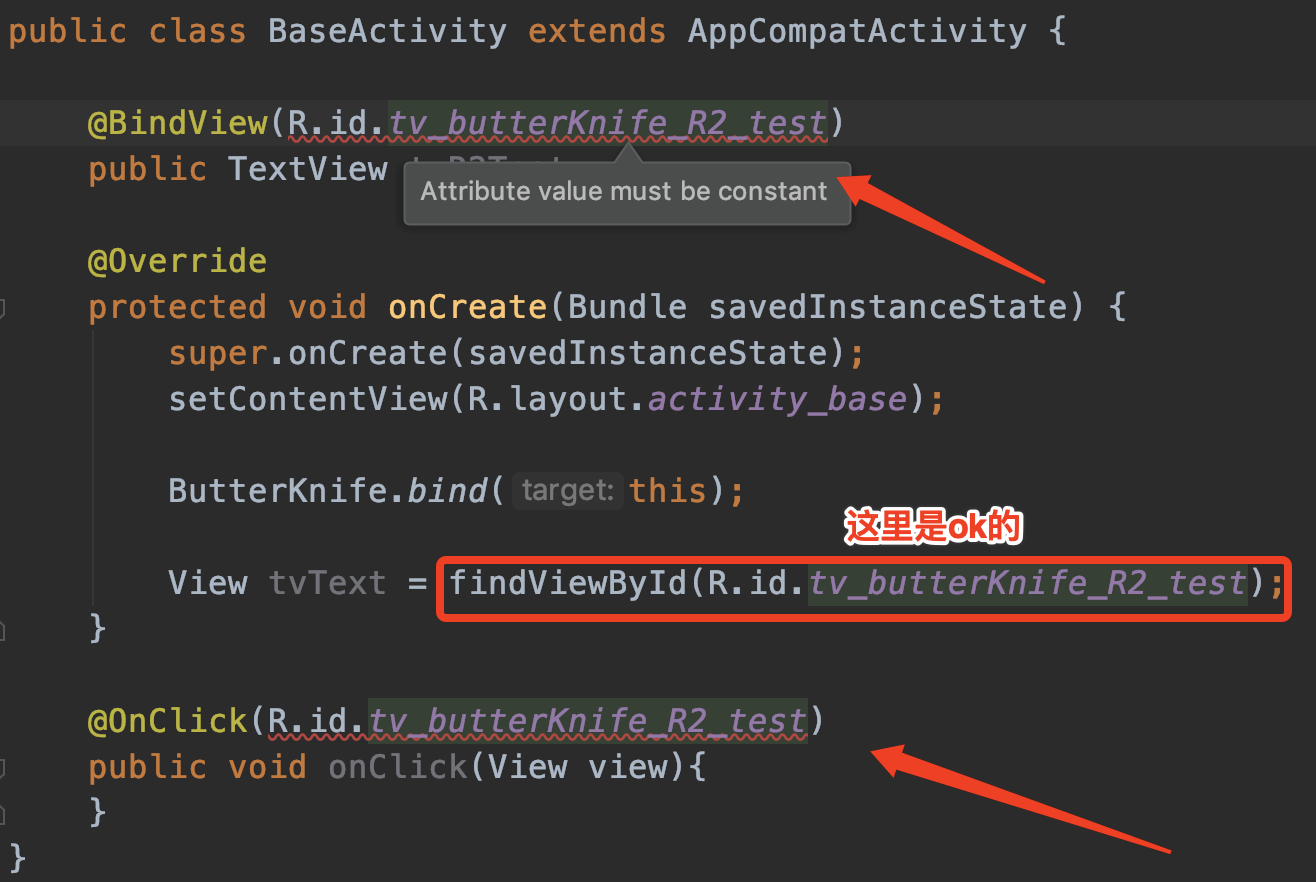 在Library中，ButterKnife注解中使用R会报错
