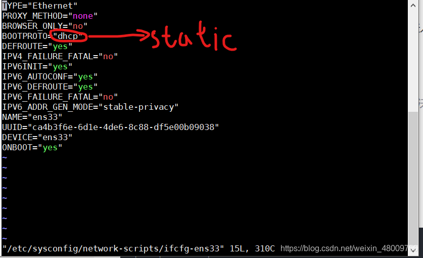 将“dhcp”改为“static”