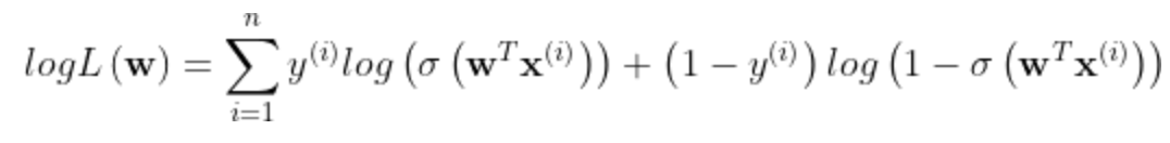 logL\left ( \mathbf{w} \right )=\sum_{i=1}^{n}y^{\left ( i \right )}log\left ( \sigma \left ( \mathbf{w}^T\mathbf{x}^{\left ( i \right )} \right ) \right )+\left ( 1-y^{\left ( i \right )} \right )log\left ( 1-\sigma \left ( \mathbf{w}^T\mathbf{x}^{\left ( i \right )} \right )\right )