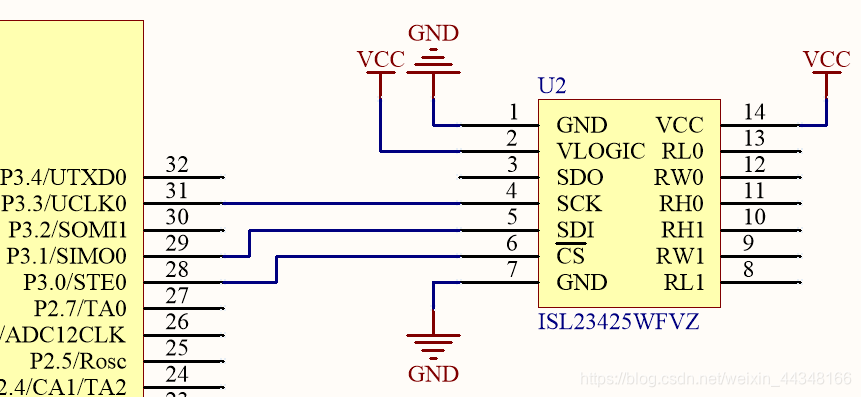 Figure 1 电位器ISL23425WFVZ与MCU连接示意图
