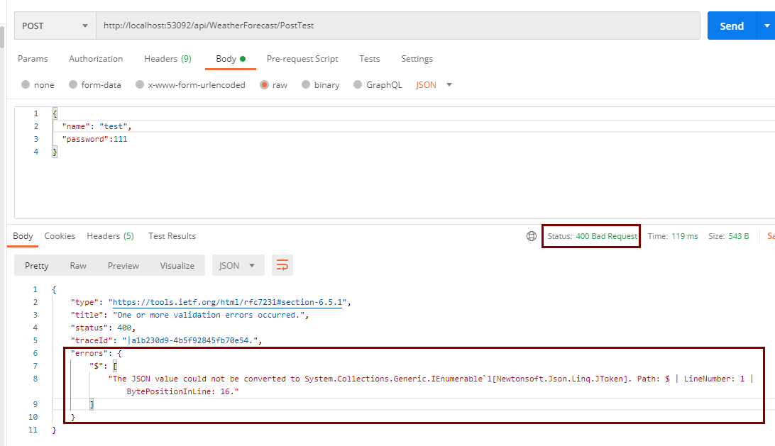 [FromBody] JObject 接收数据 报错 The JSON value could not be converted to
